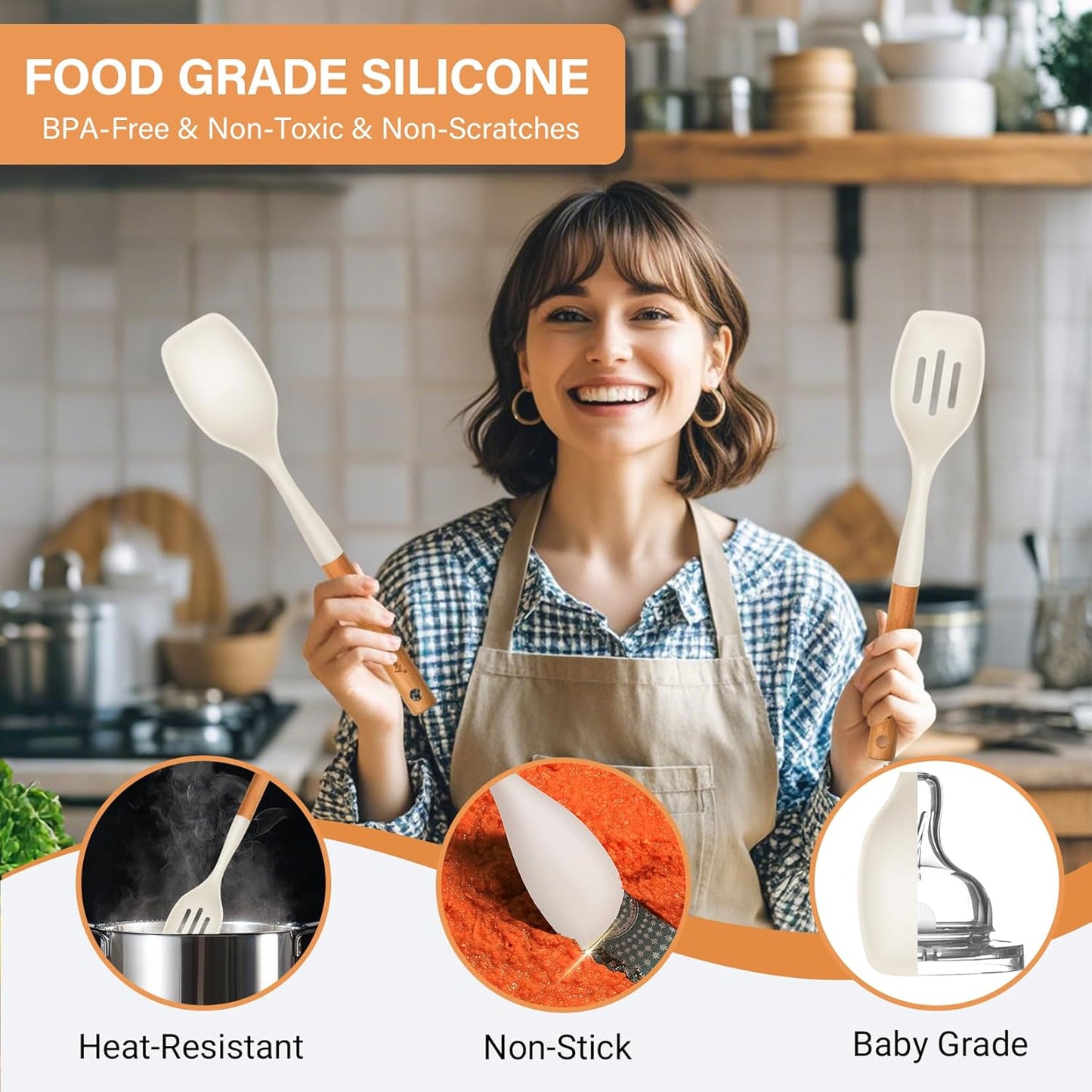 Large Silicone Cooking Spoon Set, 2 Pack Solid Slotted Spoon with Wooden Handle, Nonstick Silicone