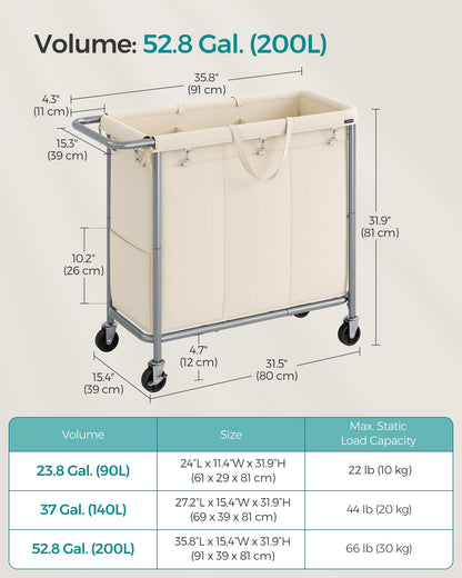 SONGMICS Laundry Basket with Wheels, 3-Section Rolling Laundry Hamper, 52.8 Gallons (200 L)