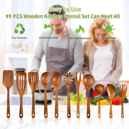 GUDAMAYE 11 PCE Wooden Spoons for Cooking, Wooden Kitchen Utensils Set,Wooden Cooking