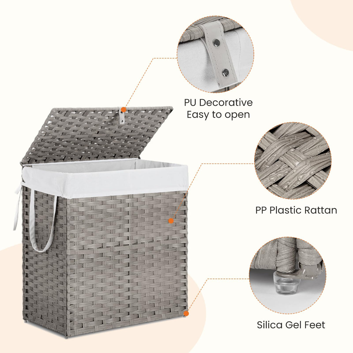 DUMOS Wicker Laundry Basket with Lid, 110L Woven Laundry Hamper with Handles, Foldable Rattan