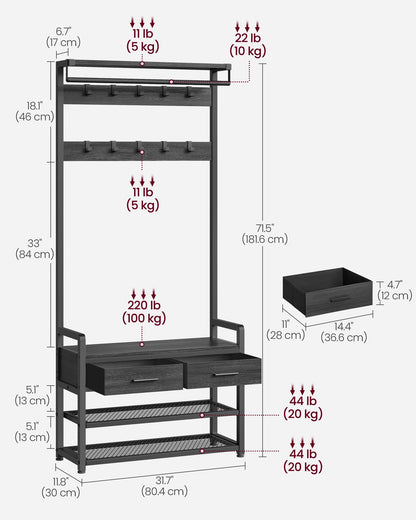 VASAGLE Hall Tree with Bench and Shoe Storage, 2 Fabric Drawers, 10 Hooks
