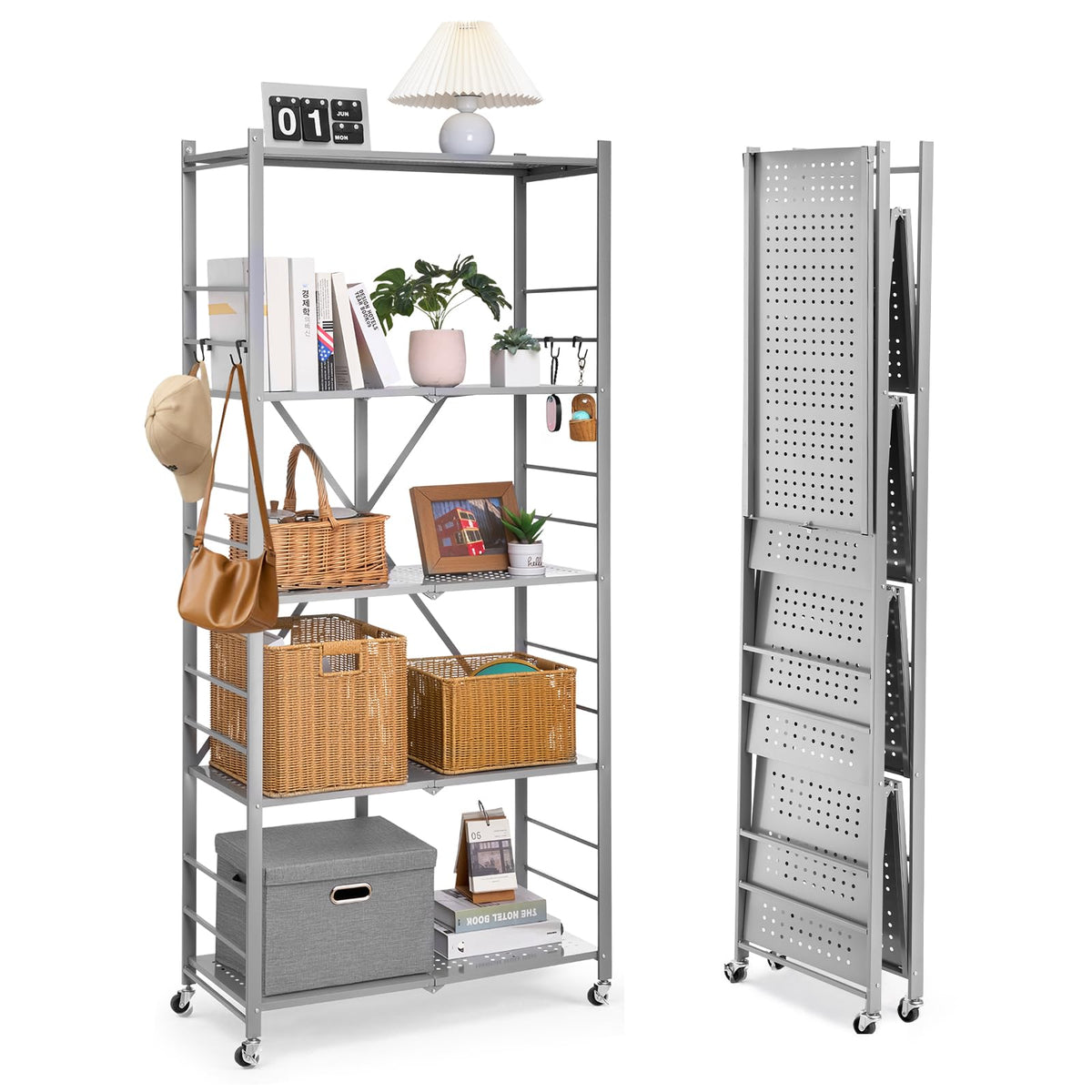 VEVOR 5-Tier Foldable Storage Shelf, 32W x 14D x 72H Inch Folding Metal Rack Shelving Unit, Heavy