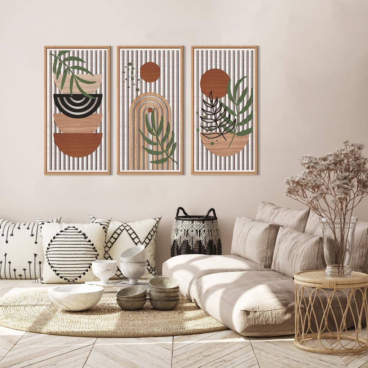 IARTTOP Large Boho Wood Wall Art Framed 16x32 Inch Mid century Modern Wooden Wall Decor Abstract