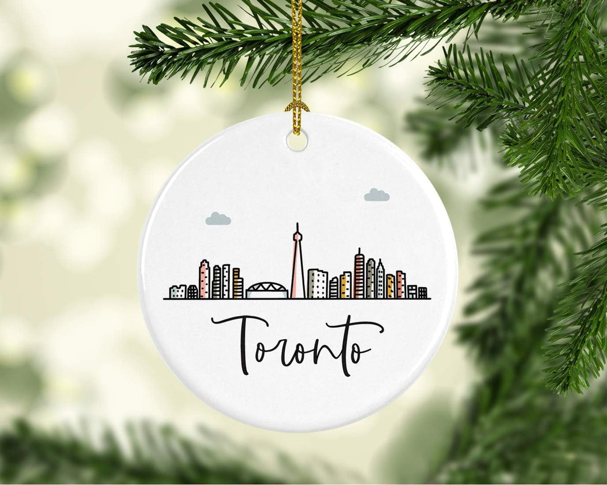 Andaz Press Round Ceramic Porcelain Christmas Tree Ornament Keepsake Gift, Toronto, Colorful