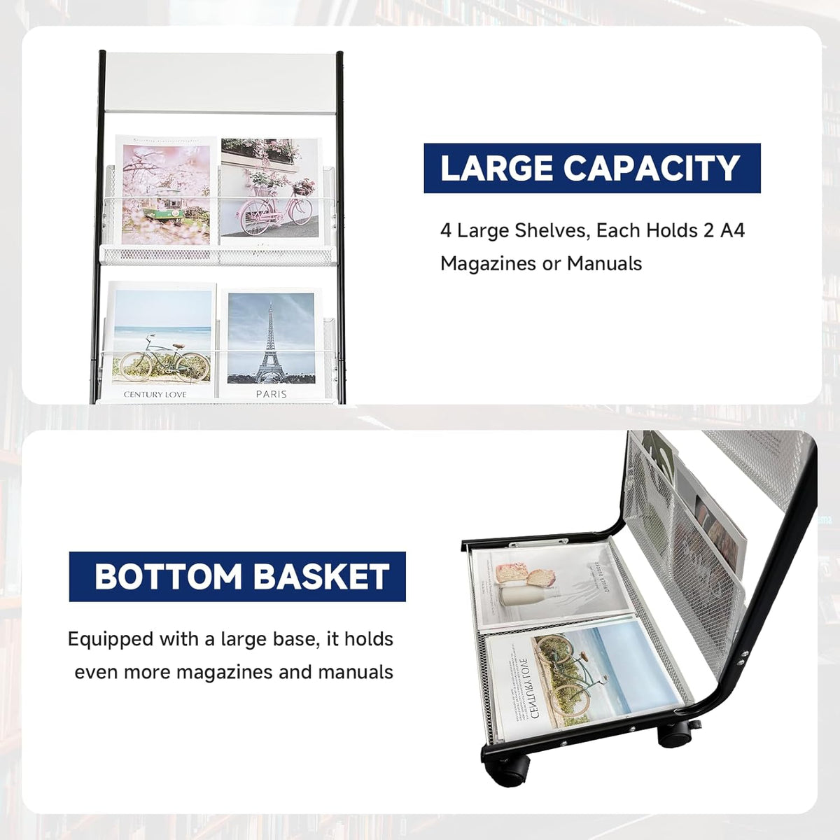 4-Tier Floor-Standing Magazine Rack with Wheels – Perfect Brochure Display Stand for Exhibitions
