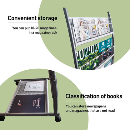 Brochure Display Stand, Floor-Standing Magazine Rack with 4 Pockets, Information Rack With casters