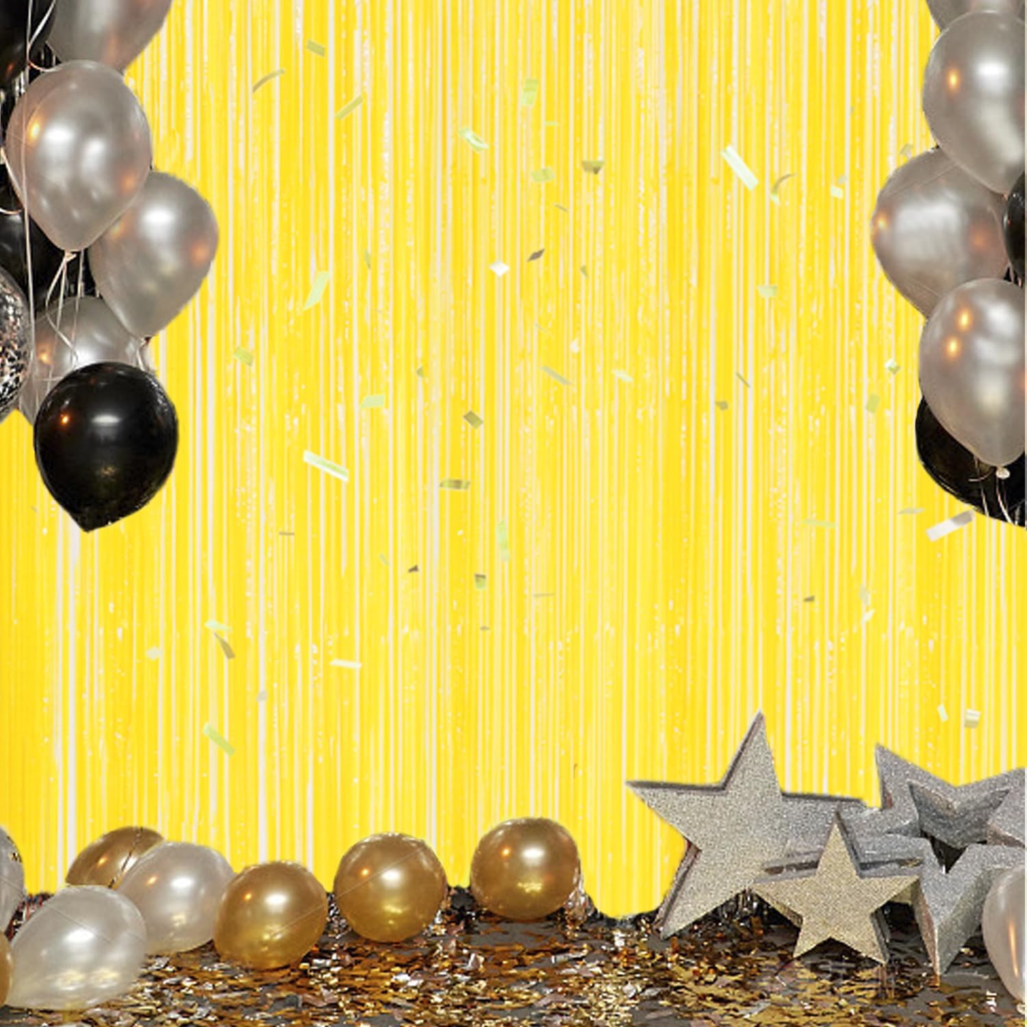 3 Pack Foil Fringe Backdrop - Pastel Yellow Shiny Tinsel Curtains for Party Decoration/Photo Booth