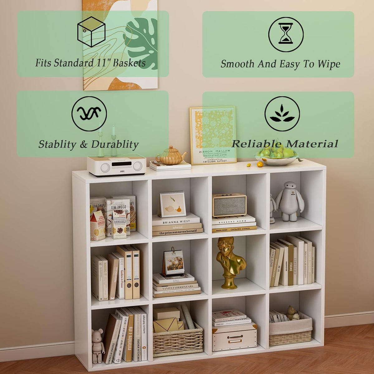 12-Cube Storage Shelf Bookcase - Wooden 3-Tier Floor Standing Open Bookshelf for Home and Office