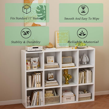 12-Cube Storage Shelf Bookcase - Wooden 3-Tier Floor Standing Open Bookshelf for Home and Office