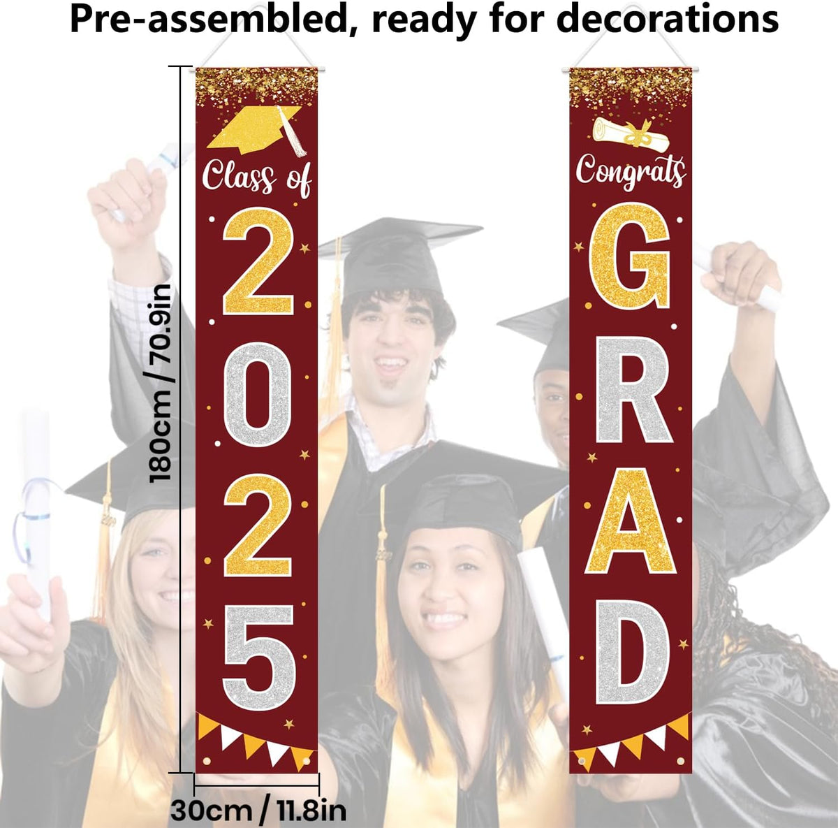 Graduation Decorations 2025 GRAD Banner Maroon Porch Door Sign Welcome Banner For Indoor Outdoor