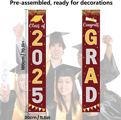 Graduation Decorations 2025 GRAD Banner Maroon Porch Door Sign Welcome Banner For Indoor Outdoor