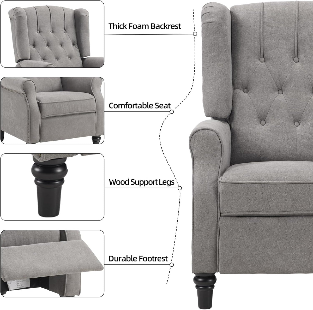 EBELLO Pushback Recliner Chair, Fabric Armchair Push Back Recliner with Rivet Decoration, Mid