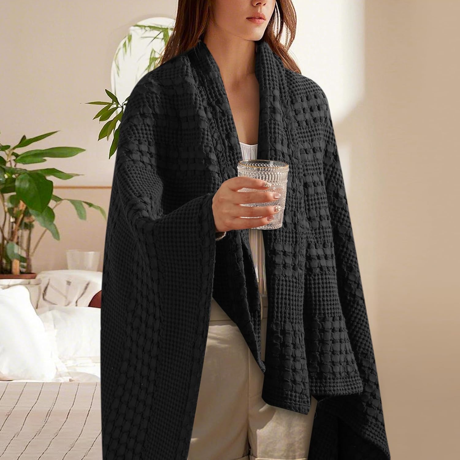 PHF 100% Cotton Waffle Weave Throw Blanket, Soft Lightweight Breathable Cozy Summer Throws for