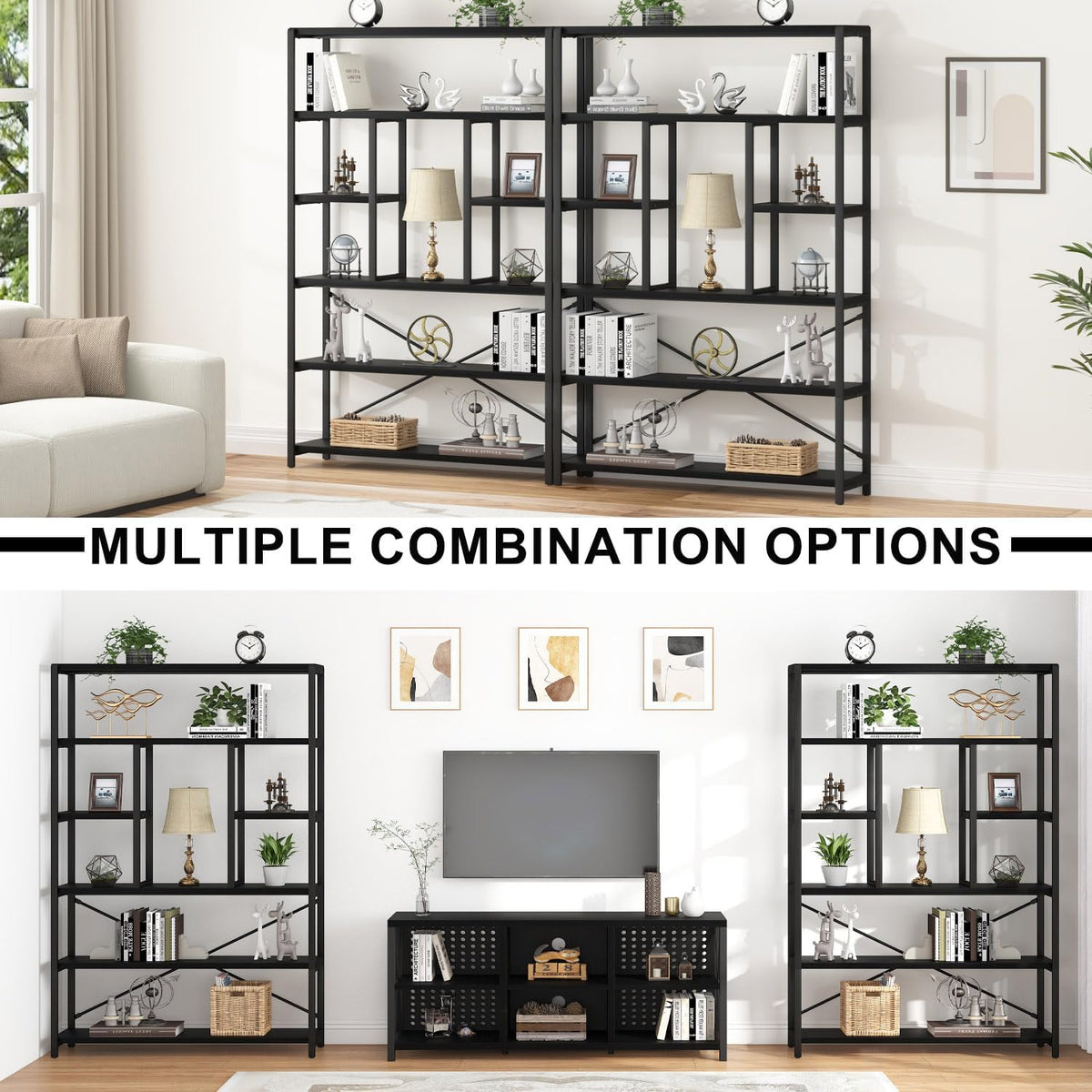 LVB 6 Tier Tall Black Bookshelf, Modern Large Wide Book Rack Storage, Industrial Wood Metal Etagere