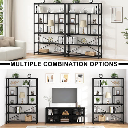 LVB 6 Tier Tall Black Bookshelf, Modern Large Wide Book Rack Storage, Industrial Wood Metal Etagere