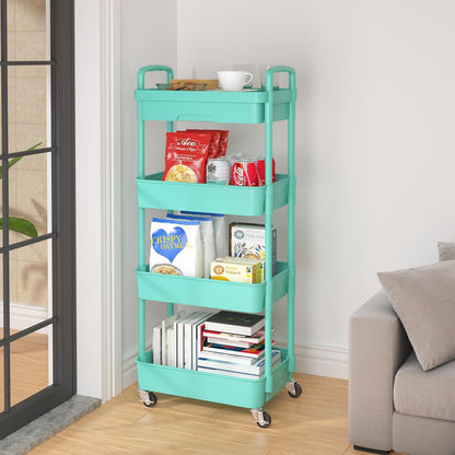 Calmootey 4-Tier Rolling Utility Cart with Drawer,Multifunctional Storage Organizer with Plastic