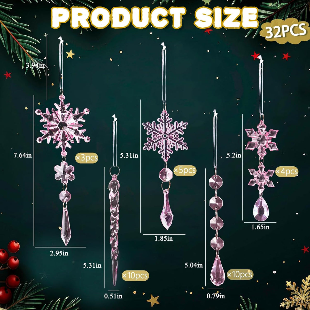 32pcs Crystal Christmas Ornaments for Christmas Tree Decorations-Pink Hanging Acrylic Snowflake and