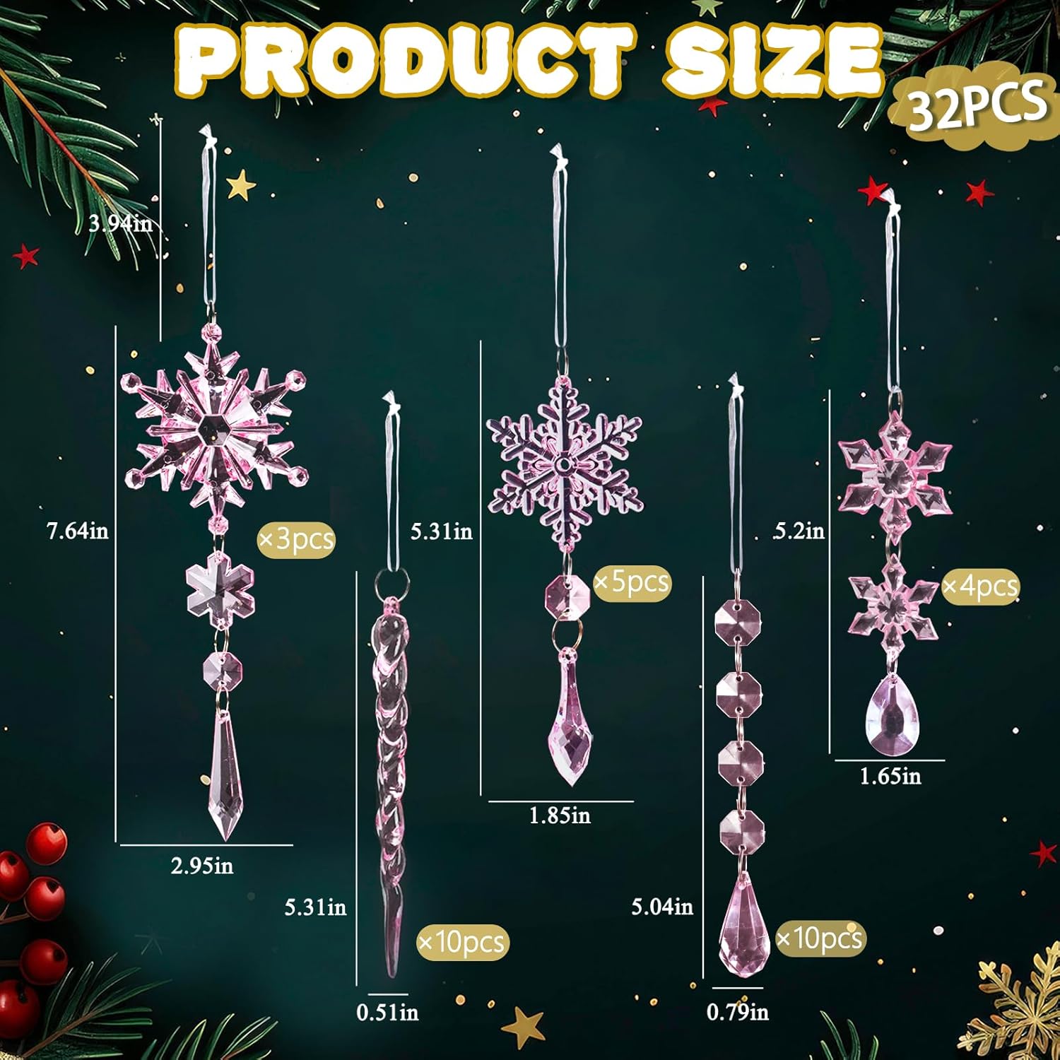32pcs Crystal Christmas Ornaments for Christmas Tree Decorations-Pink Hanging Acrylic Snowflake and
