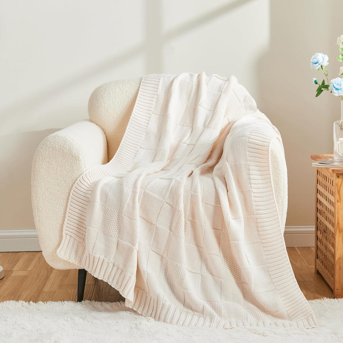 CozeCube Check Knit Throw Blanket, Cream White Checkered Throw for Couch, Decorative Christmas Soft