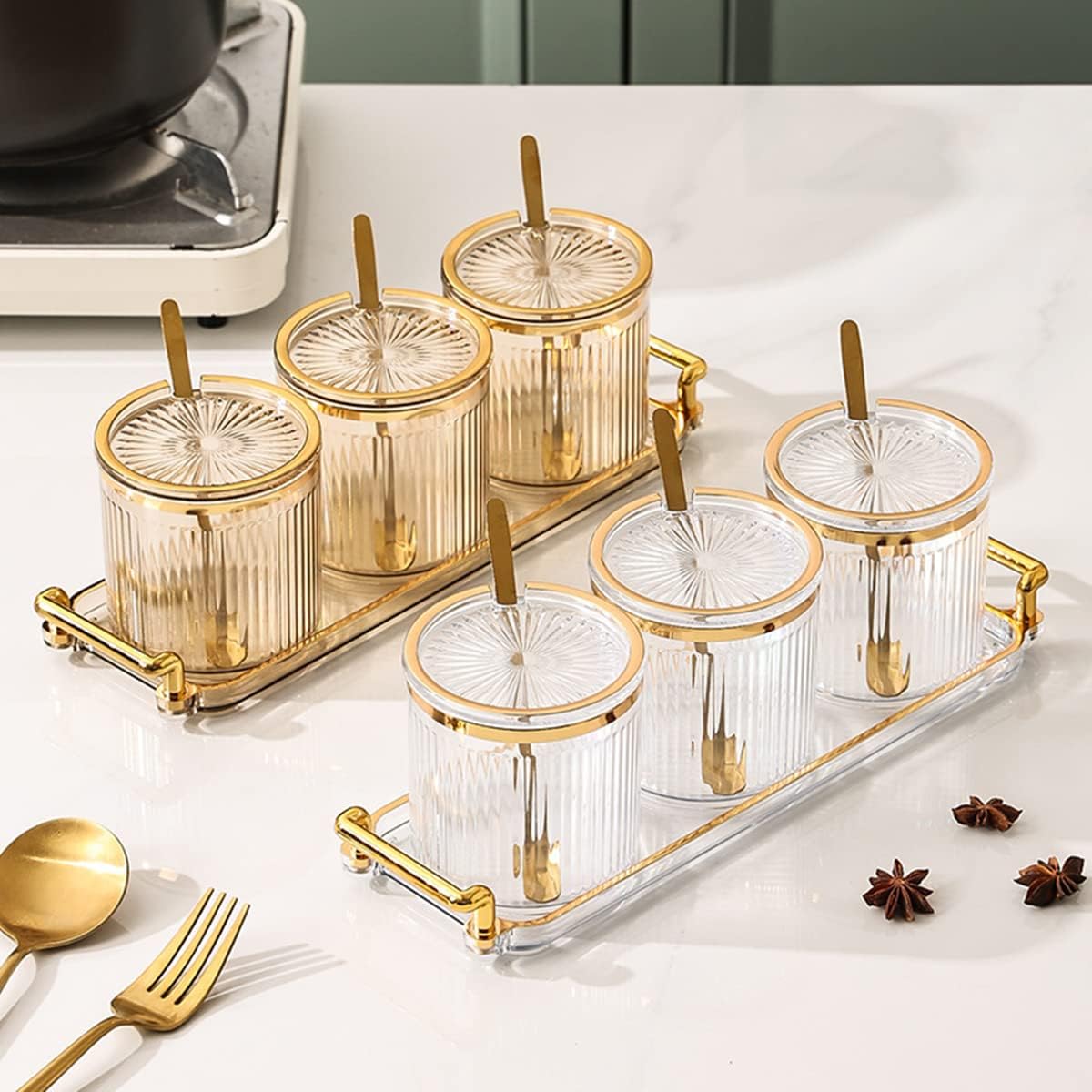 Acrylic Condiment Spice Jars,Condiment Spice Box With Lids and Spoons and Tray,Clear Plastic