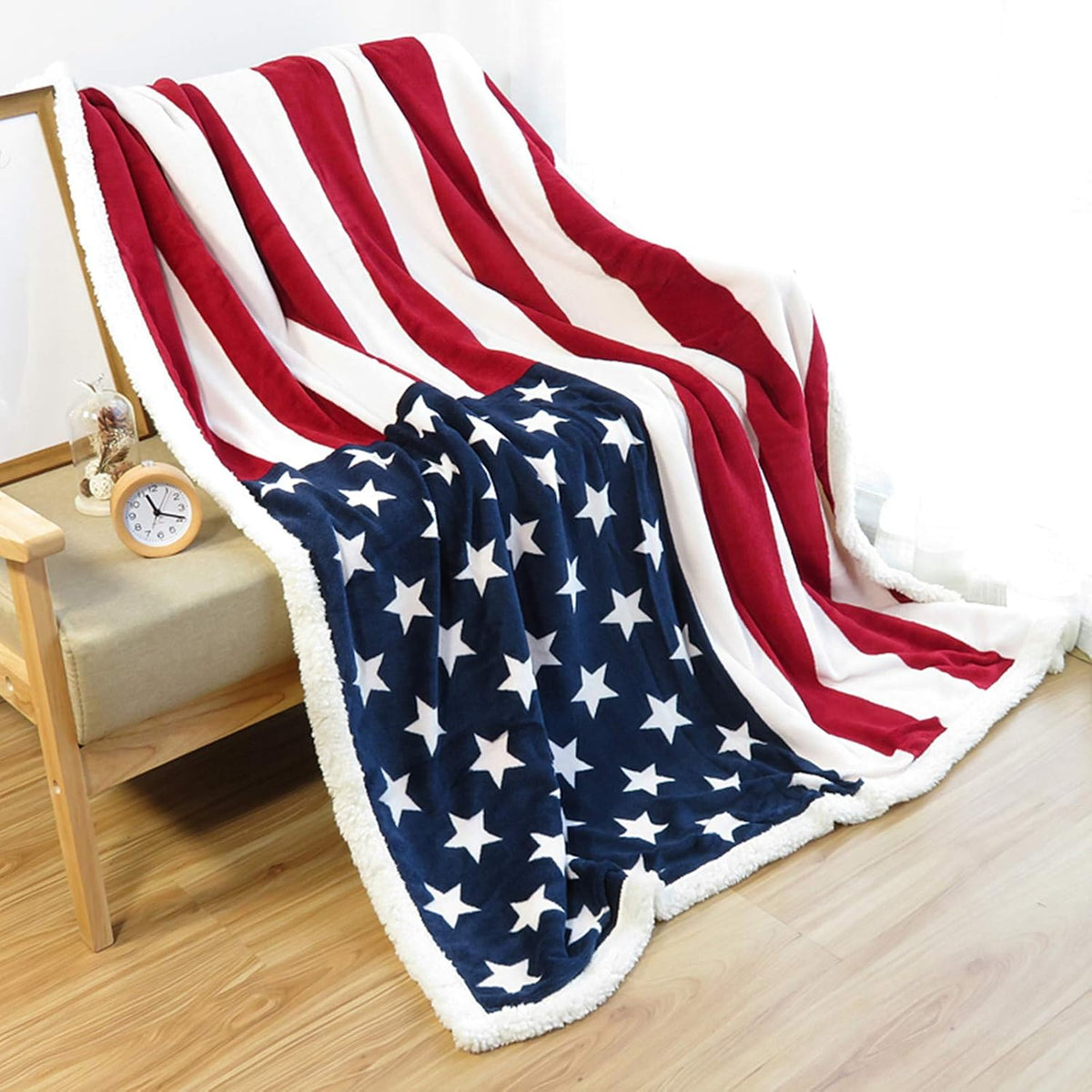UKELER US Flag Patriotic Sherpa Throw Blanket 50''×60'', American National Flag Fleece Blanket for