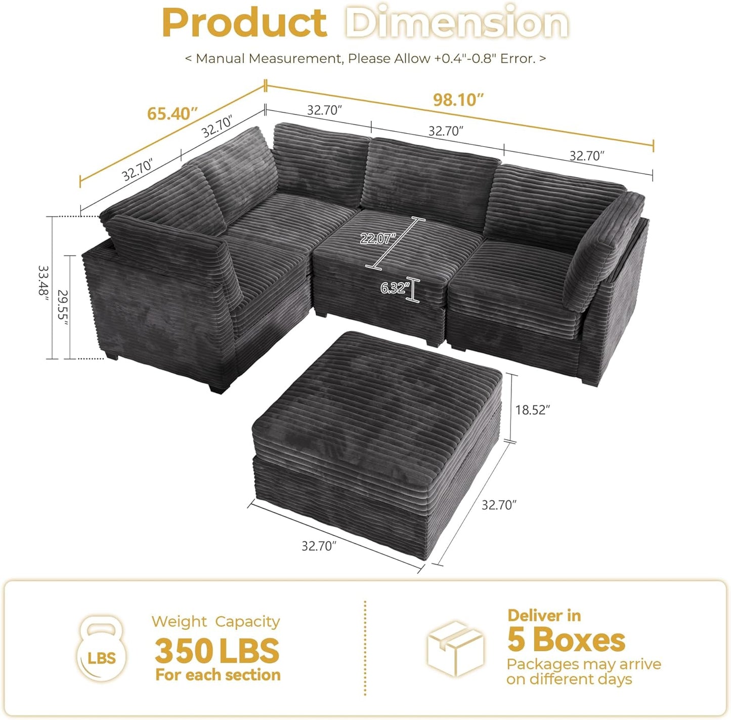 HOOOWOOO Modular Sectional Sofa,5 Pieces Sectional Couches for Living Room,98X66 L Shaped Cloud