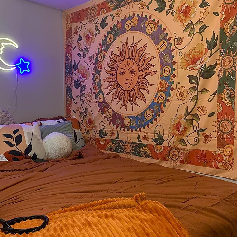Aipon Yellow Sun and Moon Tapestry Indie Tapestries Boho Orange Flower Floral Tapestry Wall Hanging