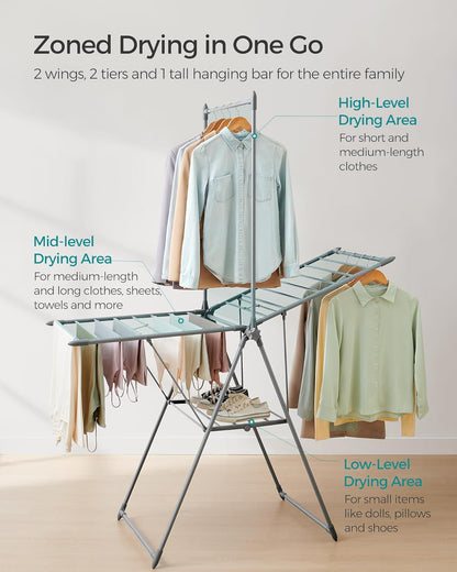 SONGMICS Clothes Drying Rack, Foldable 2-Level Laundry Drying Rack, Free-Standing Airer, 1