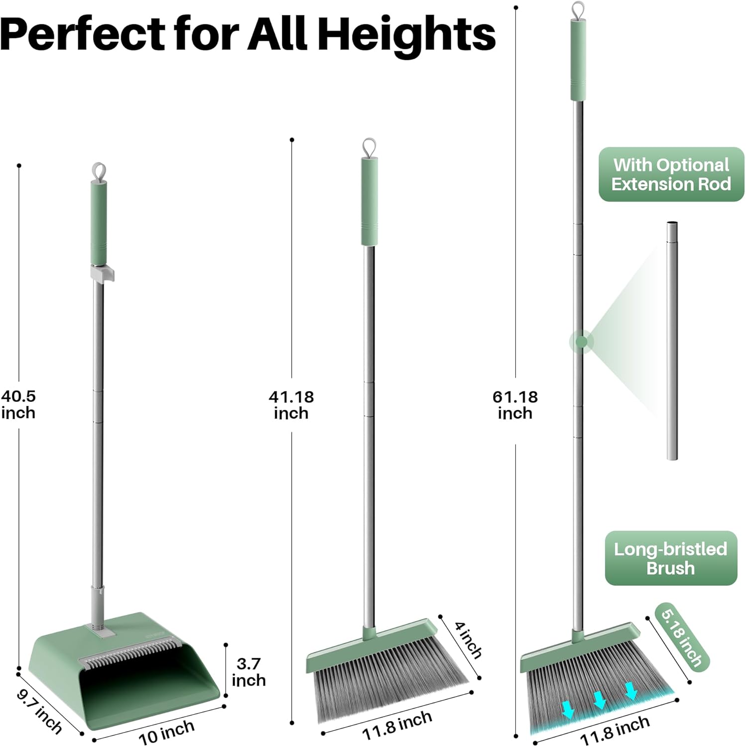 JOYMOOP Dark Teal Green Broom and Dustpan Set with 56” Handle, Upright Angle with Comb Teeth for