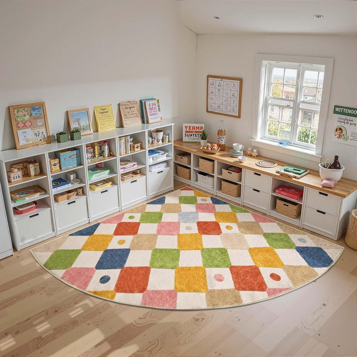 jinchan Kids Rug for Classroom 7ft Radius Corner Washable Area Rug Modern Colorful Quarter Circle