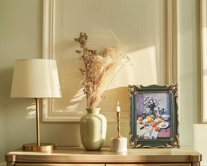 8x10 Vintage Picture Frame with Embossed Flower Design, Green Ornate Frame for 8x10 or 5x7 Pictures