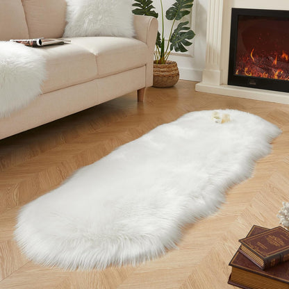 AMTOVO Faux Sheepskin Rug, White Ultra Soft Fluffy Shag Area Rug, 2 x 6 ft Faux Fur Rug for Bedroom