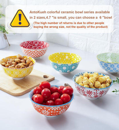 Colorful Ceramic Bowls 10oz, 4.7in small cereal bowl Set of 6 for ice cream, Dessert, Porcelain