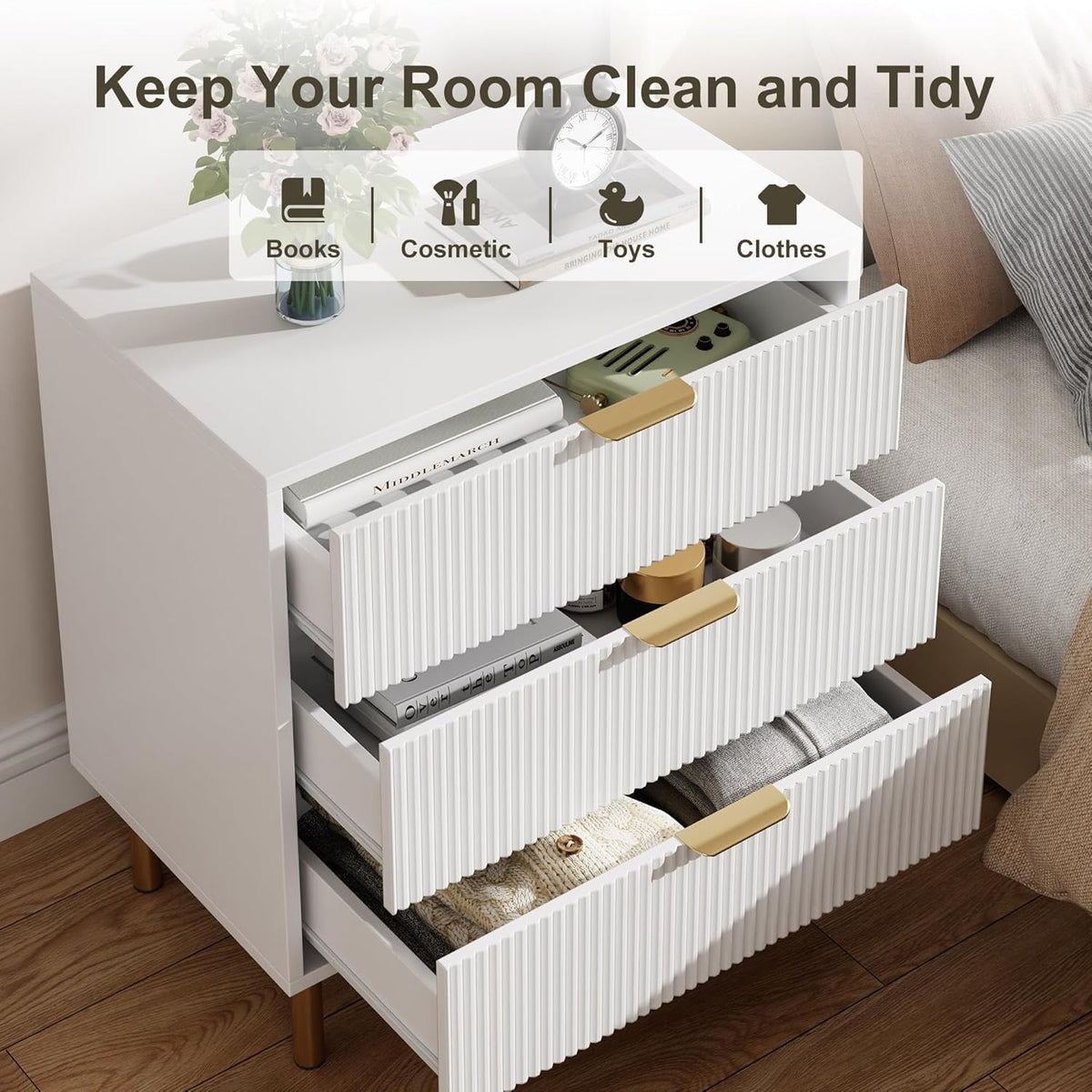GAOMON 3 Drawer Dresser, Wood Chest of Drawers Organizer Storage with Gold Handle, Small Storage