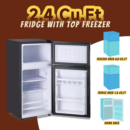 2.4 Cu.ft Mini Fridge with Freezer Compact Fridge Refrigerator Dual Door Small Fridge Senven Temp