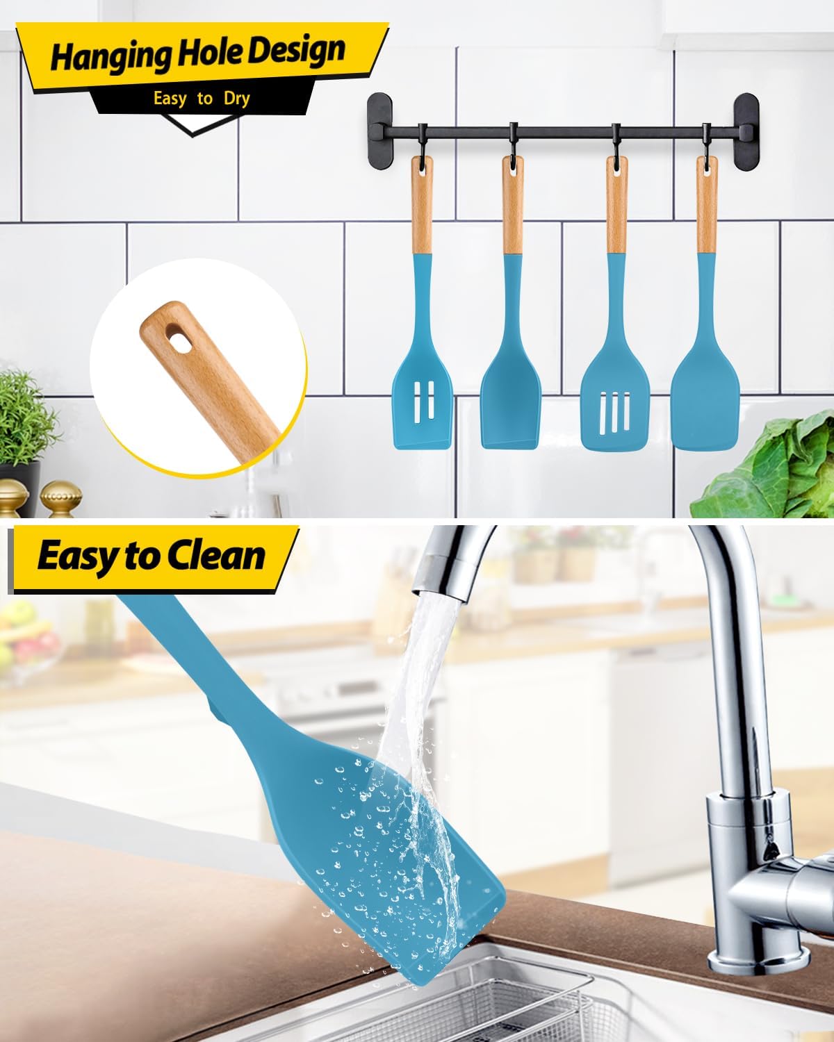 Pack of 4 Silicone Kitchen Utensils Set, Non Stick Solid Spatulas and Heat Resistant Slotted Spoons