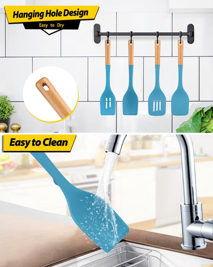 Pack of 4 Silicone Kitchen Utensils Set, Non Stick Solid Spatulas and Heat Resistant Slotted Spoons