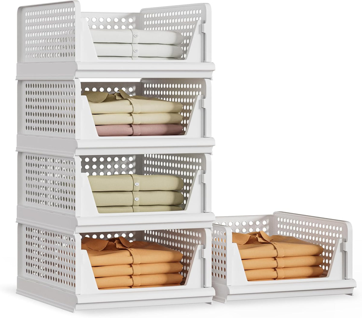5 Pack Stackable Plastic Storage Basket Closet Organizer Bin Foldable Clothes Organizer Storage