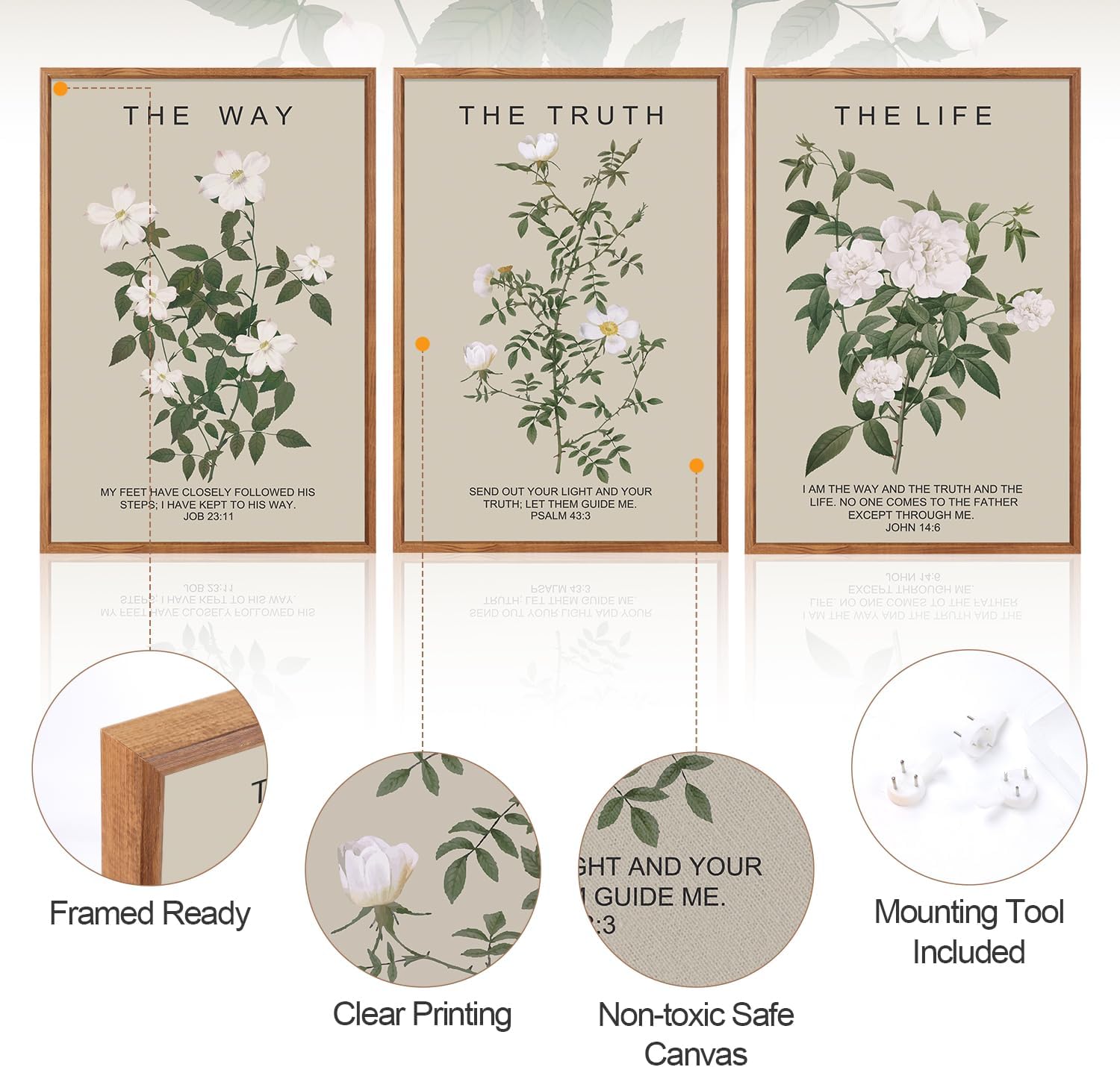 Aurlan The Way The Truth The Life Bible Verse Framed Wall Art(16"x24"), 3PCS Boho Christian