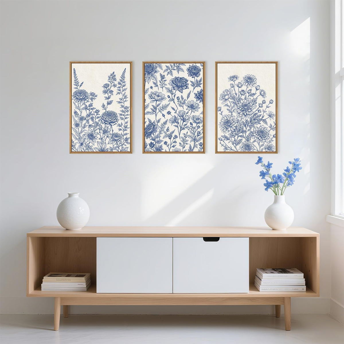 Classic Chinoiserie Floral Framed Canvas Wall Art Set, Blue and White Flower Wall Decor, Navy