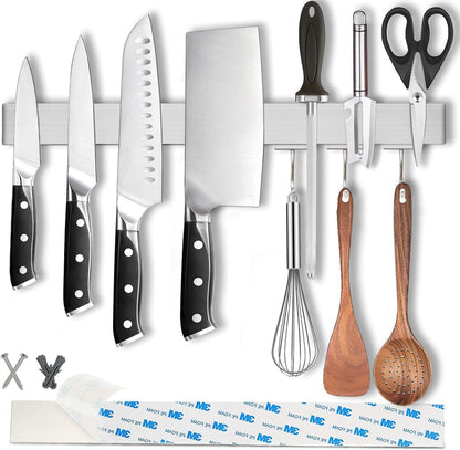 17.5" Magnetic Knife Holder for Wall with Hooks - No Drill Adhesive Mount - 304 Stainless Steel