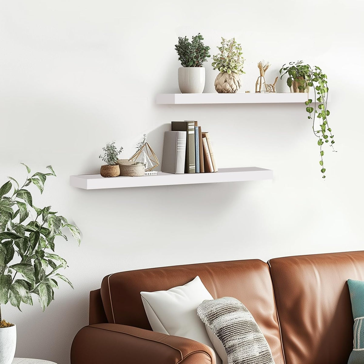 Floating Wall Shelves 2-Pack - 24-Inch Rustic White Wooden Shelves for Storage and Décor, Easy