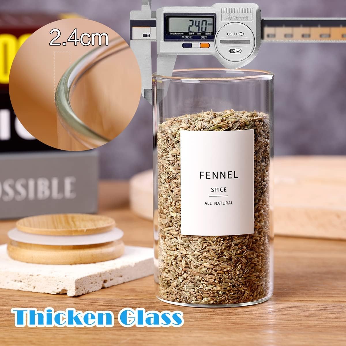 12 Pcs Glass Spice Jars With Bamboo Airtight Lids, 10oz Thicken(2.4mm) Spice Containers With 148