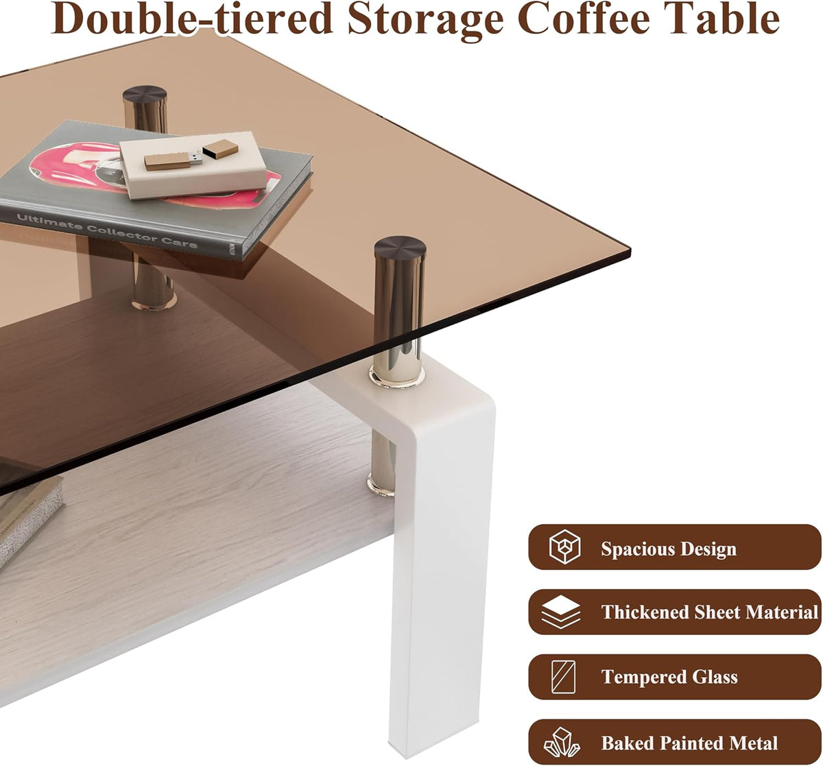 Glass Coffee Table Rectangle Living Room Center Table, with Brown Tempered Glass Tabletop and White
