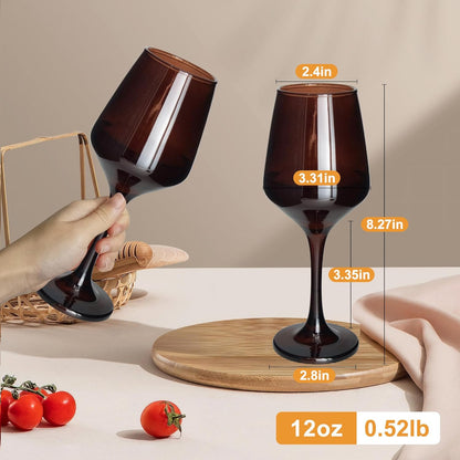 Brown Wine Glasses Set of 6-12oz Brown Long Stem Wine Glass Cups, Pretty Crystal Glassware, Hand