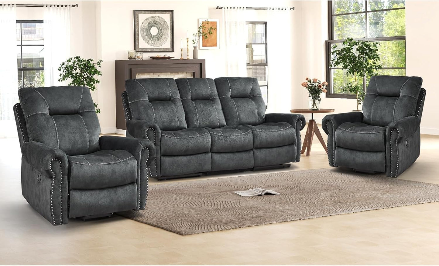 EBELLO 3 Pieces Reclining Couch Furniture Set for Living Room, Double 1 Seat Power Recliner Chair