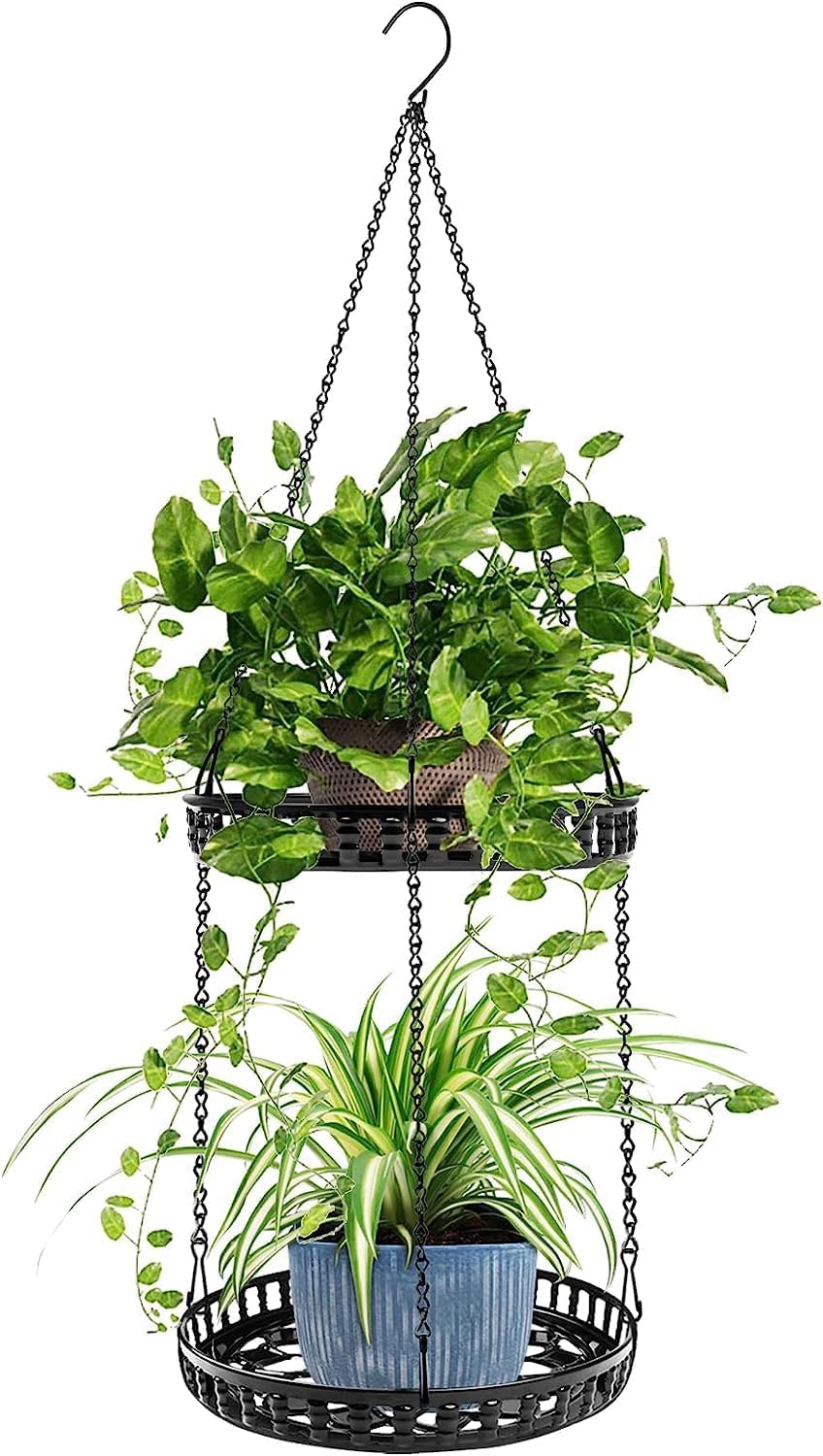 Plant Hanger Indoor Outdoor, 2 Tier Hanging Planter Plant Shelf, Metal Hanging Plants Holder for