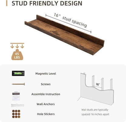 Picture Ledge Shelf, Wood Floating Shelves Set of 4, 24 inch Picture Ledge Shelves, Photo Ledge