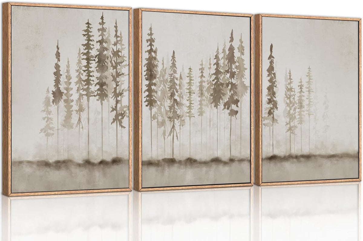 HPINUB Misty Forest Framed Canvas Wall Art Set, Foggy Pine Tree Wall Decor, Pastel Nature Landscape