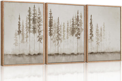 HPINUB Misty Forest Framed Canvas Wall Art Set, Foggy Pine Tree Wall Decor, Pastel Nature Landscape